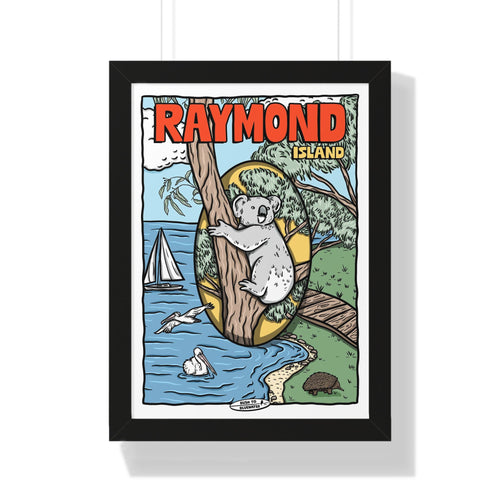 Poster placed in a frame of a vintage cartoon illustration of a Koala climbing a tree with a backdrop of Raymond Island's coastline.